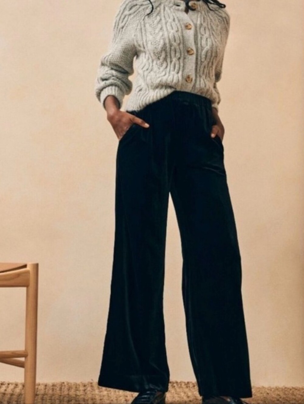 Faherty Genevieve Wide Leg Pants Black Velour Silk Blend Women's Small Velvet